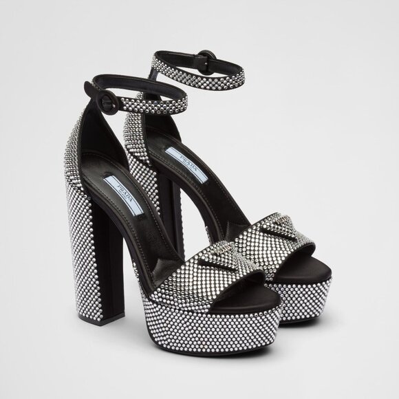 Prada Satin Black Embellished Platform Heels Logo Crystal Pumps Sandals - Picture 1 of 9